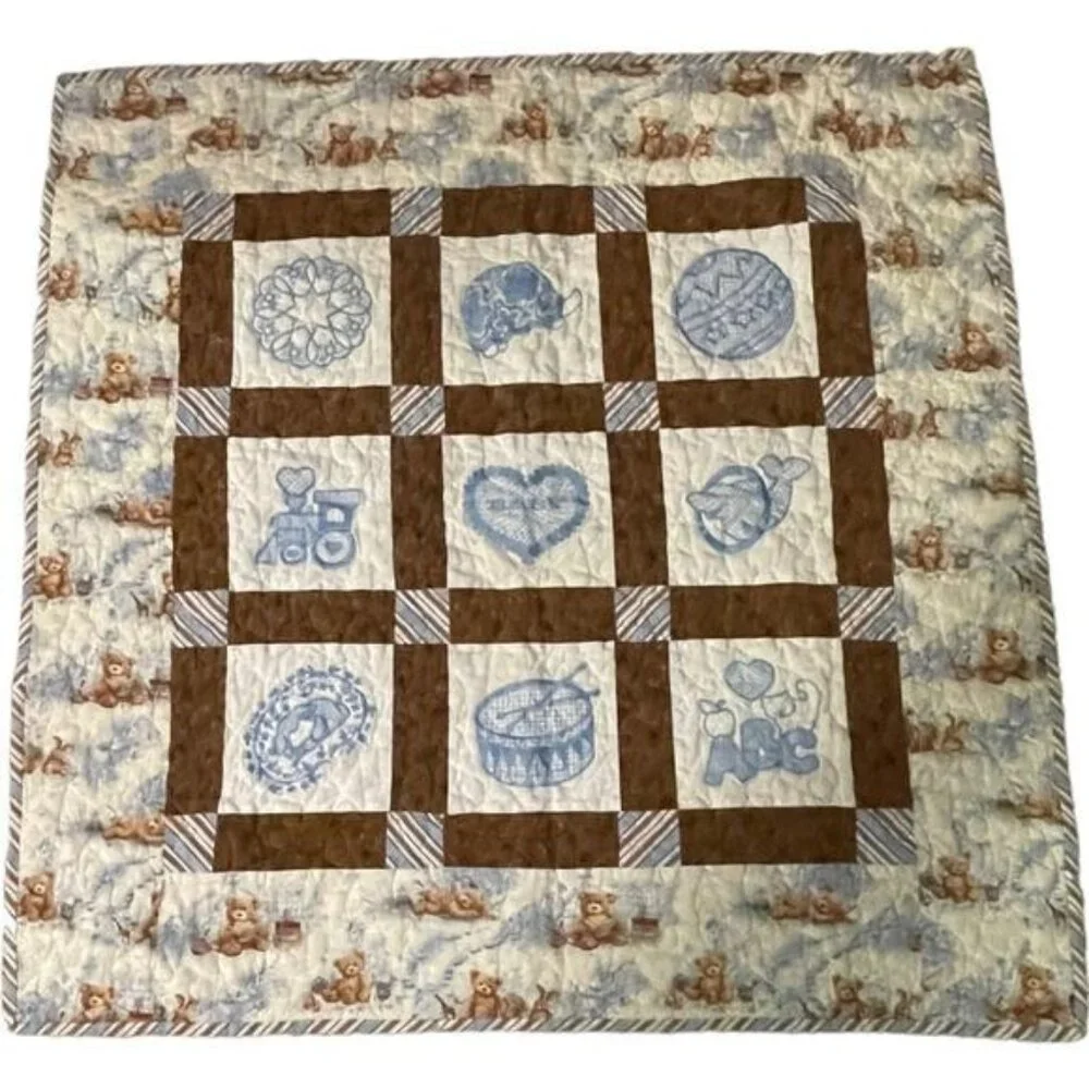Vintage Baby Quilt With Teddy Bear & Blue Embroidery Design